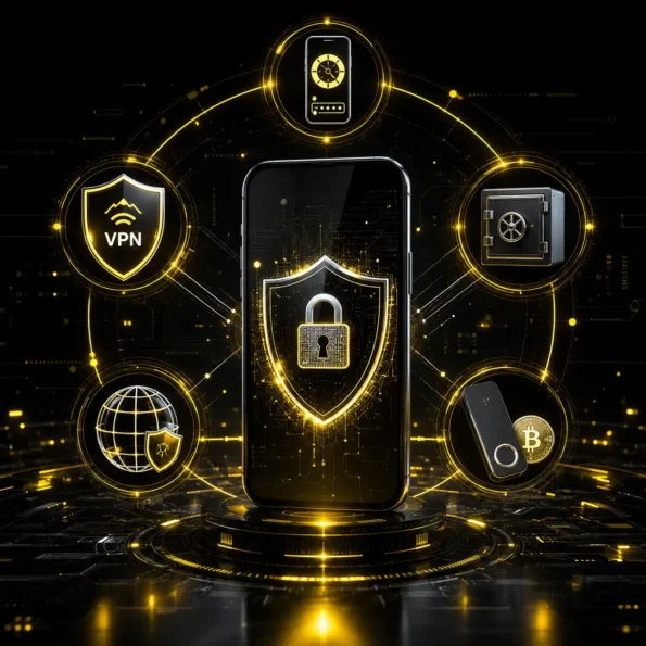 ابزارهای ضروری امنیت کریپتو شامل VPN، کیف پول سخت‌افزاری، DNS امن و احراز هویت دو مرحله‌ای در فضای سایبرپانک