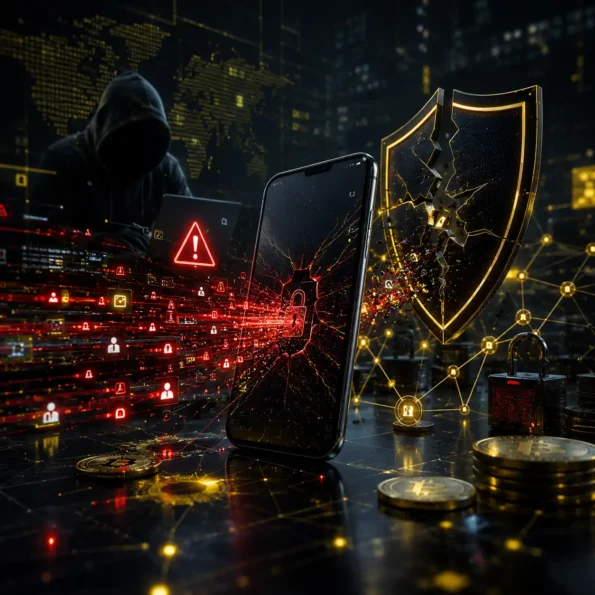 خطرات امنیت کریپتو و نشت اطلاعات حساب ارز دیجیتال با هکر، گوشی موبایل و شیلد امنیتی شکسته در فضای تکنولوژی