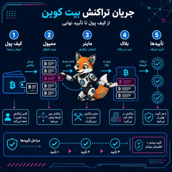 این تصویر اینفوگرافیک آموزشی مفهوم نمودار جریان تراکنش Bitcoin را نشان می‌دهد و مسیر تراکنش را از کیف پول دیجیتال به ممپول، سپس انتخاب توسط ماینر، ورود به بلاک و در نهایت دریافت تأییدها در شبکه بیت‌کوین به‌صورت مرحله‌ای و بصری توضیح می‌دهد.