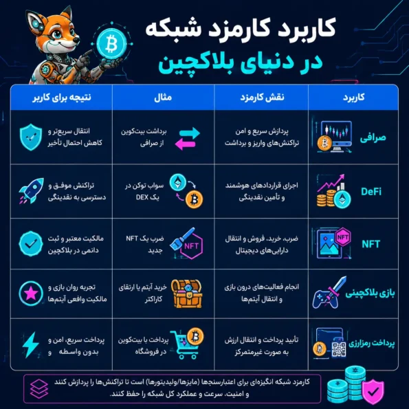 این تصویر اینفوگرافیک آموزشی مفهوم کارمزد شبکه در بلاکچین را در قالب مقایسه کاربردی نشان می‌دهد و توضیح می‌دهد که کارمزد شبکه چگونه در صرافی‌ها، DeFi، NFT، بازی‌های بلاکچینی و پرداخت‌های رمزارزی استفاده می‌شود و چه تفاوتی در هر سناریو دارد.