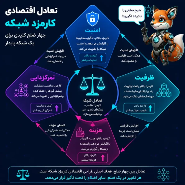 این تصویر اینفوگرافیک آموزشی مفهوم تعادل اقتصادی کارمزد شبکه در بلاکچین را نشان می‌دهد و چهار ضلع اصلی شامل امنیت، ظرفیت، هزینه و تمرکززدایی را به‌صورت بصری و متعادل نمایش می‌دهد و توضیح می‌دهد چگونه تغییر هر عامل بر کارمزد شبکه و عملکرد کل شبکه تأثیر می‌گذارد.