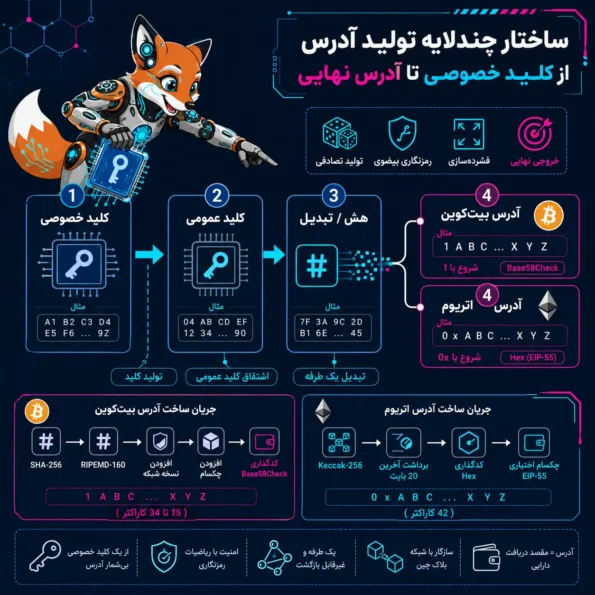 این تصویر اینفوگرافیک آموزشی مفهوم ساختار چندلایه تولید آدرس کیف پول از Private Key تا Address در بلاکچین را نشان می‌دهد و فرآیند تبدیل کلید خصوصی به کلید عمومی، سپس هشینگ و تولید آدرس نهایی در شبکه‌های Bitcoin و Ethereum را به‌صورت مرحله‌ای و بصری توضیح می‌دهد.