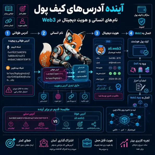 این تصویر اینفوگرافیک آموزشی مفهوم آینده آدرسهای کیف پول با نامهای انسانی و هویت دیجیتال در Web3 را نشان میدهد و تحول آدرسهای سنتی بلاکچین به نامهای قابلخواندن و سیستمهای هویت غیرمتمرکز (DID) را همراه با ارتباط آنها در اکوسیستمهای Wallet، DeFi و Web3 بهصورت بصری و مرحلهای توضیح میدهد.