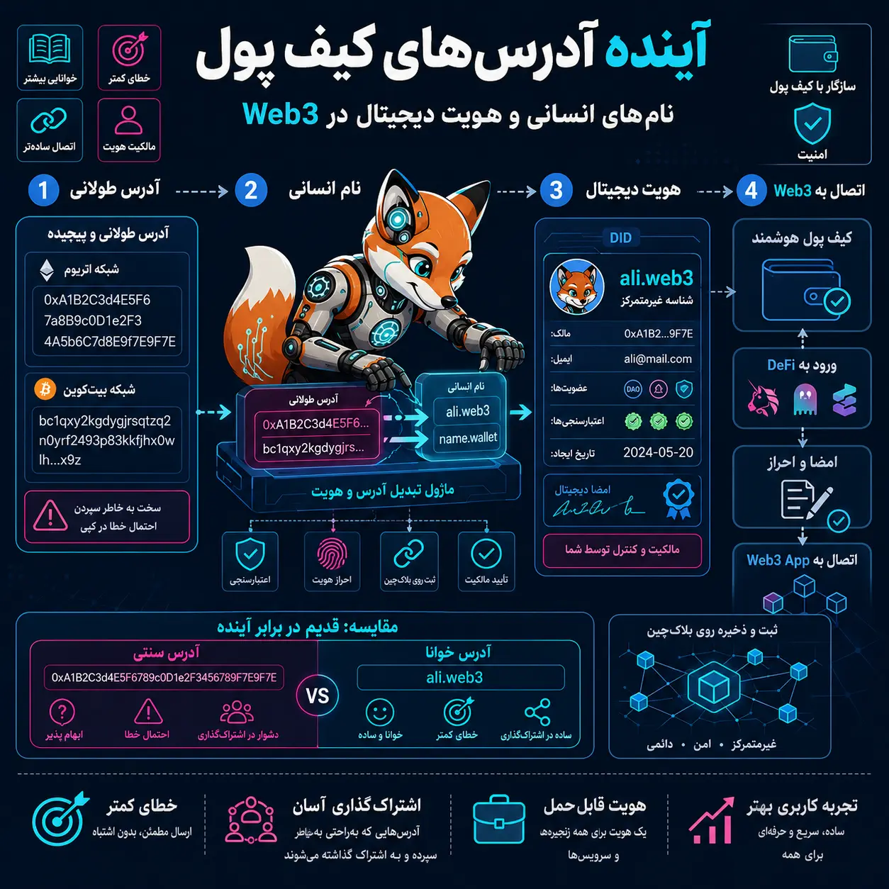 این تصویر اینفوگرافیک آموزشی مفهوم آینده آدرس‌های کیف پول با نام‌های انسانی و هویت دیجیتال در Web3 را نشان می‌دهد و تحول آدرس‌های سنتی بلاکچین به نام‌های قابل‌خواندن و سیستم‌های هویت غیرمتمرکز (DID) را همراه با ارتباط آن‌ها در اکوسیستم‌های Wallet، DeFi و Web3 به‌صورت بصری و مرحله‌ای توضیح می‌دهد.