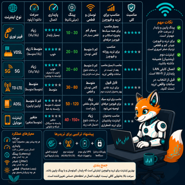 جدول مقایسه انواع اینترنت برای ترید و فیوچرز