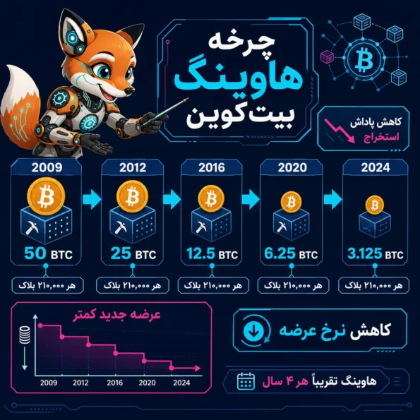 Bitcoin Halving چیست و چگونه باعث کاهش پاداش استخراج بیت‌کوین از ۵۰ BTC تا ۳.۱۲۵ BTC می‌شود؛ نمودار چرخه هاوینگ بیت‌کوین