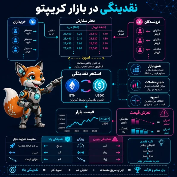 نمودار آموزشی نقدینگی در بازار کریپتو با نمایش خریداران، فروشندگان، دفتر سفارش، استخر نقدینگی، قیمت بازار و لغزش قیمت
