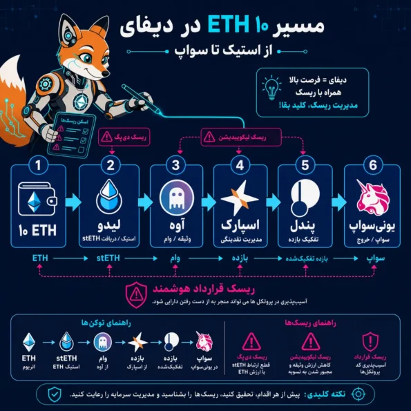 ۴. فلوچارت مسیر ۱۰ ETH در دیفای از Lido به Aave، Spark، Pendle و Uniswap همراه با نمایش ریسک‌های لیکوییدیشن، دی‌پگ و قرارداد هوشمند