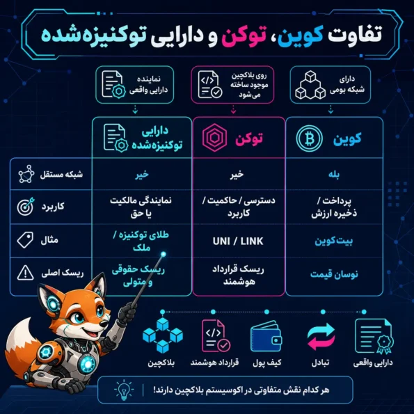 Tokenization چیست؛ جدول مقایسه Coin، Token و دارایی توکنیزهشده از نظر شبکه مستقل، کاربرد، مثال و ریسک اصلی