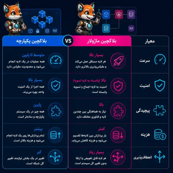 جدول مقایسه بلاکچین ماژولار و بلاکچین یکپارچه از نظر سرعت، امنیت، پیچیدگی، هزینه و انعطاف