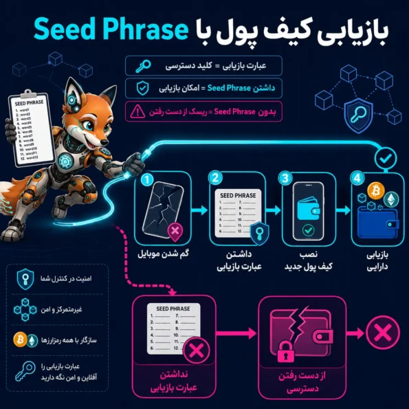 فلوچارت بازیابی کیف پول با Seed Phrase که نشان میدهد چگونه با استفاده از Seed Phrase میتوان دسترسی به داراییها را پس از گم شدن موبایل بازیابی کرد.