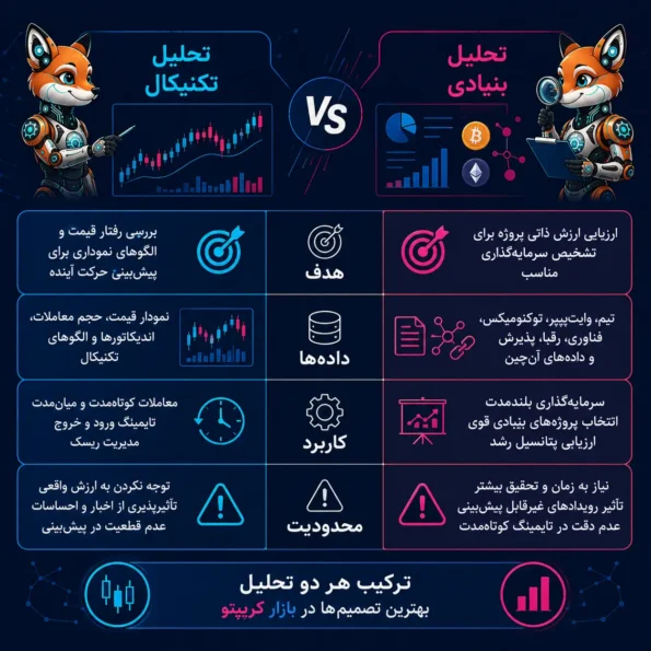 مقایسه technical analysis و تحلیل بنیادی در بازار کریپتو بر اساس هدف، دادهها، کاربردها و محدودیتها