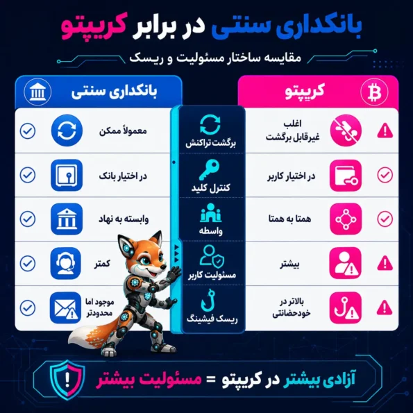 اینفوگرافیک مقایسه crypto با بانکداری سنتی که تفاوت‌ها در کنترل کلید، برگشت تراکنش، واسطه‌ها، مسئولیت کاربر و ریسک فیشینگ را در قالب جدول نمایش می‌دهد.