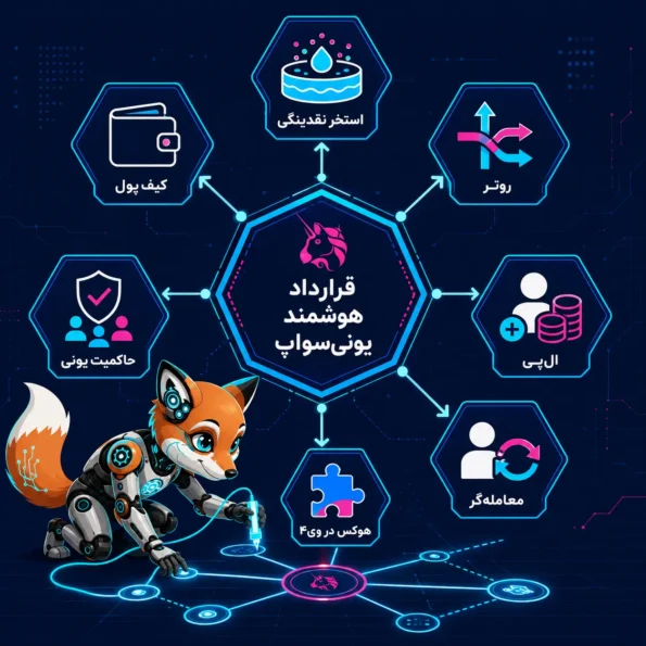 اینفوگرافیک یونیسواپ در مقایسه با صرافی متمرکز؛ نمایش تفاوتهای نگهداری دارایی، مدل قیمتگذاری، نیاز به حساب، شفافیت و ریسک اصلی با راهنمایی روباه سایبری IRBLC.