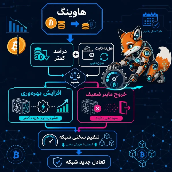 Bitcoin Halving و تأثیر آن بر ماینرها؛ فلوچارت کاهش درآمد، افزایش بهره‌وری، خروج ماینر ضعیف و تنظیم سختی شبکه