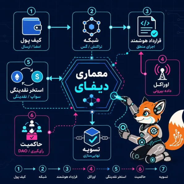 ۲. دیاگرام معماری دیفای از کیف پول تا شبکه، قرارداد هوشمند، اوراکل، استخر نقدینگی، حاکمیت و تسویه در قالب اینفوگرافیک آموزشی