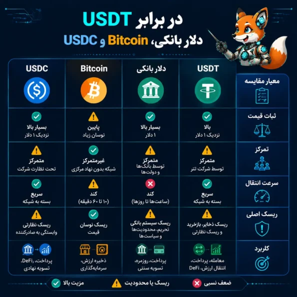USDT در برابر دلار بانکی، Bitcoin و USDC