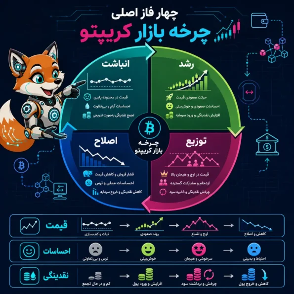 نمودار آموزشی چهار فاز Crypto Market شامل انباشت، رشد، توزیع و اصلاح در چرخه بازار کریپتو با نمایش قیمت، احساسات و نقدینگی