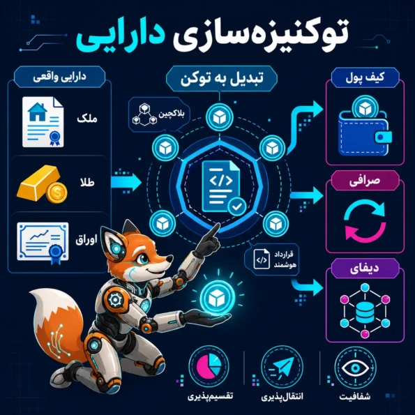 Tokenization چیست؛ نمودار توکنیزهسازی دارایی واقعی و تبدیل آن به توکن دیجیتال برای استفاده در کیف پول، صرافی و DeFi