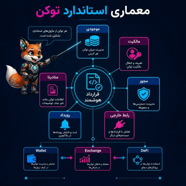 ۳. نمودار جریان انتقال در استاندارد توکن از امضای کاربر در Wallet تا بررسی قرارداد هوشمند، ثبت رویداد روی بلاکچین و خواندن داده توسط Exchange و Explorer.