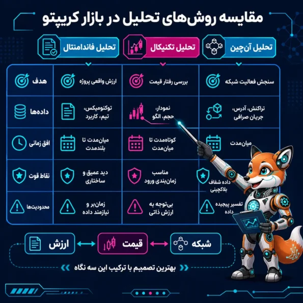 اینفوگرافیک مقایسه تحلیل فاندامنتال، تحلیل آنچین و technical analysis در بازار ارز دیجیتال با جدول آموزشی فارسی