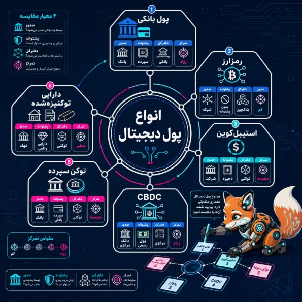 نقشه معماری انواع پول دیجیتال شامل پول بانکی، رمزارز، استیبل‌کوین، CBDC، توکن سپرده و دارایی توکنیزه‌شده
