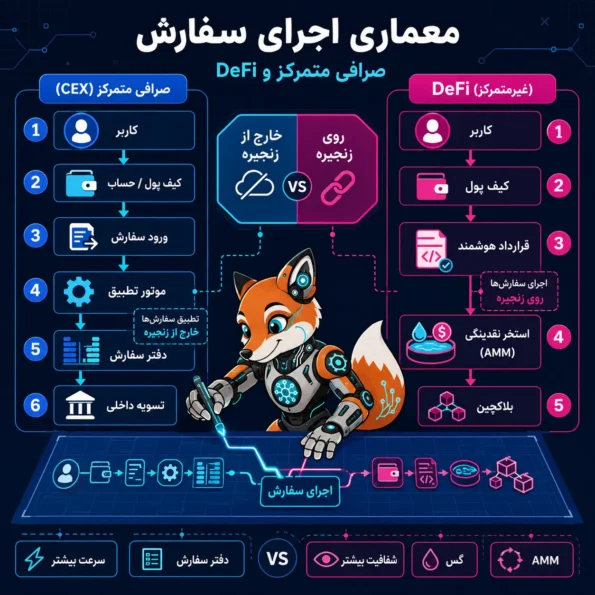 انواع سفارش در ترید؛ نقشه معماری اجرای سفارش در صرافی متمرکز و DeFi با کیف پول، قرارداد هوشمند و استخر نقدینگی