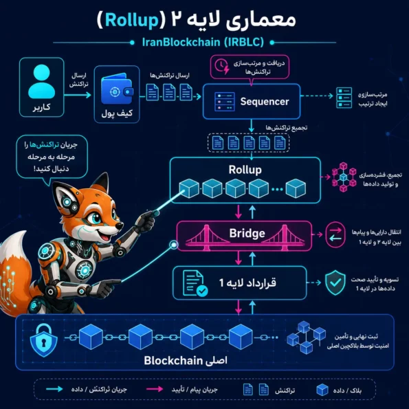 لایه 1 و لایه 2؛ نقشه معماری Rollup شامل کاربر، کیف پول، Sequencer، Bridge و بلاکچین اصلی