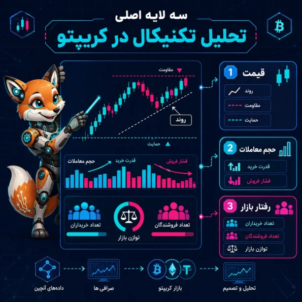 آموزش Technical analysis در کریپتو با نمایش سه لایه اصلی قیمت، حجم معاملات و رفتار بازار در یک نمودار تحلیلی