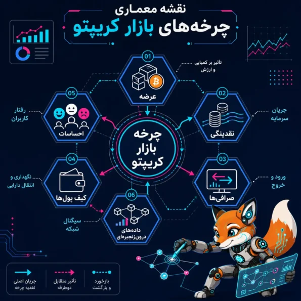 نقشه معماری Crypto Market برای نمایش لایه‌های چرخه بازار کریپتو شامل عرضه، نقدینگی، صرافی‌ها، کیف پول‌ها، احساسات و داده‌های درون‌زنجیره‌ای