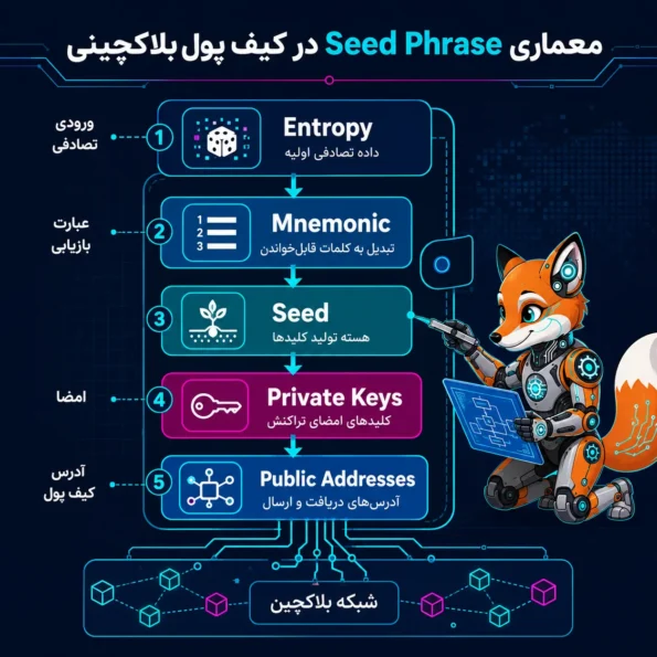 نمودار معماری Seed Phrase در کیف پول بلاکچینی که لایه‌های entropy، mnemonic، seed، کلید خصوصی و آدرس عمومی را در ساختار امنیتی بلاکچین توضیح می‌دهد.