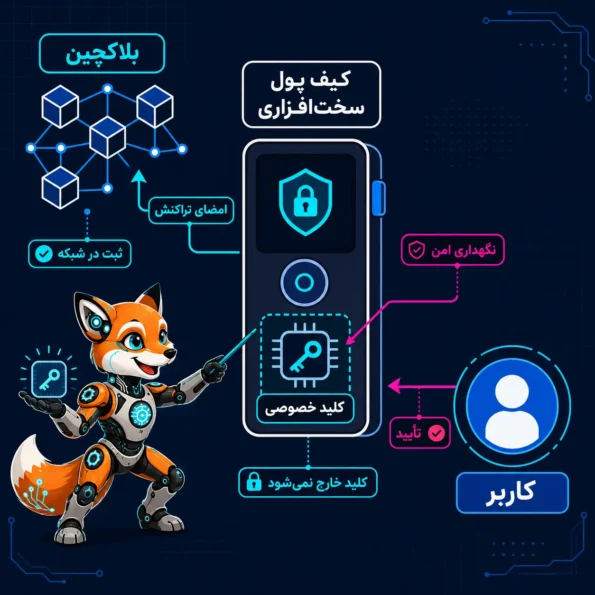 نمودار مفهومی کیف پول سخت‌افزاری و ارتباط آن با بلاکچین، کلید خصوصی و کاربر