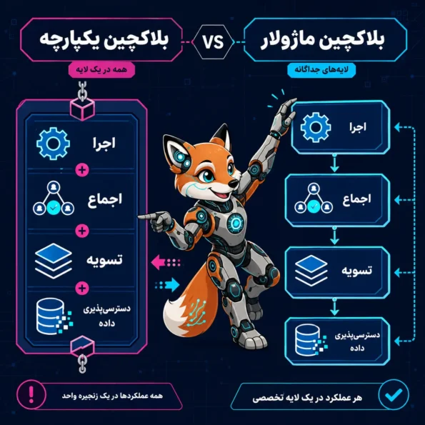 مقایسه بلاکچین یکپارچه و بلاکچین ماژولار با نمایش لایه‌های اجرا، اجماع، تسویه و دسترسی‌پذیری داده