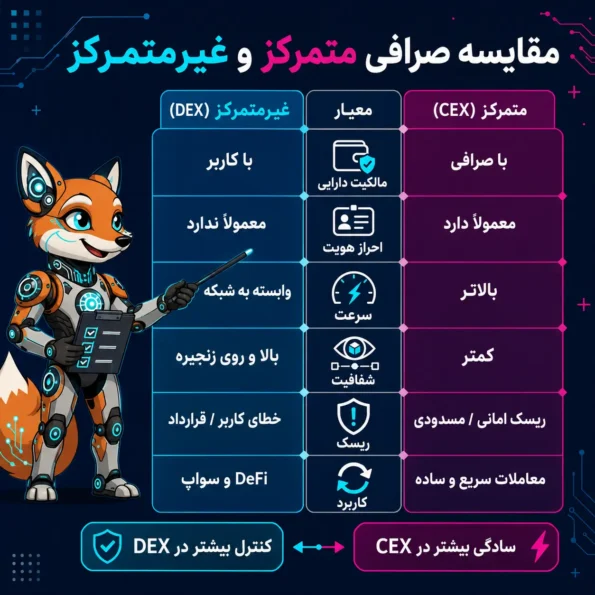 اینفوگرافیک آموزشی مقایسه صرافی متمرکز و غیرمتمرکز که تفاوتهای CEX و DEX را از نظر مالکیت دارایی، احراز هویت، سرعت، شفافیت، ریسک و کاربرد با جدول مقایسهای و آیکونهای آموزشی نشان میدهد.