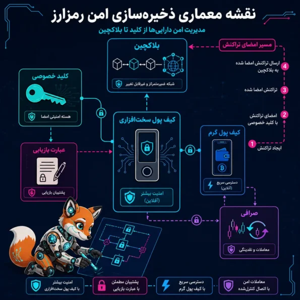 چرخه امن نگهداری ارز دیجیتال با Seed Phrase شامل تولید آفلاین، نوشتن فیزیکی، تست بازیابی، ذخیره مقاوم و بازبینی دورهای بهصورت اینفوگرافیک امنیت کیف پول
