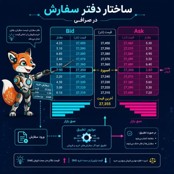 انواع سفارش در ترید؛ نمایش ساختار دفتر سفارش، Bid، Ask، اسپرد، عمق بازار و موتور تطبیق در صرافی