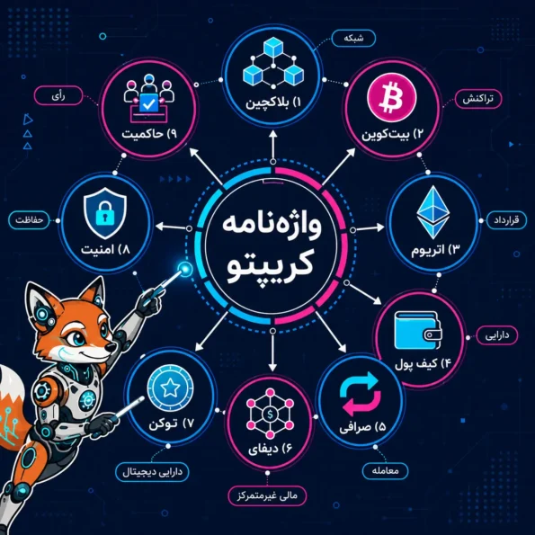 نقشه مفهومی واژهنامه کریپتو با شاخههای بلاکچین، بیتکوین، اتریوم، کیف پول، صرافی، دیفای، توکن، امنیت و حاکمیت همراه با روباه سایبری ایرانبلاکچین