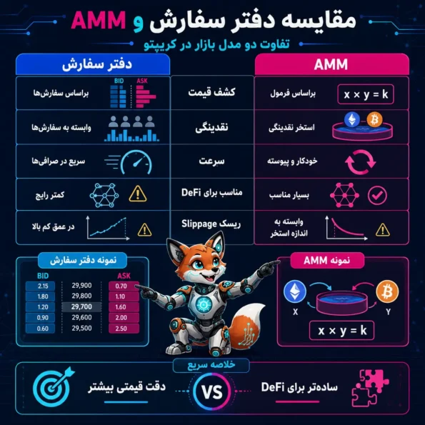 نمودار آموزشی دفتر سفارش با نمایش خریداران Bid، فروشندگان Ask، قیمت بازار، اسپرد، تطبیق سفارش‌ها و اجرای معامله در بازار کریپتو