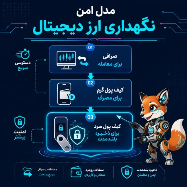 نقشه معماری نگهداری ارز دیجیتال شامل بلاکچین، کلید خصوصی، کیف پول سختافزاری، کیف پول گرم، صرافی و مسیر امضای تراکنش با طراحی اینفوگرافیک امنیتی