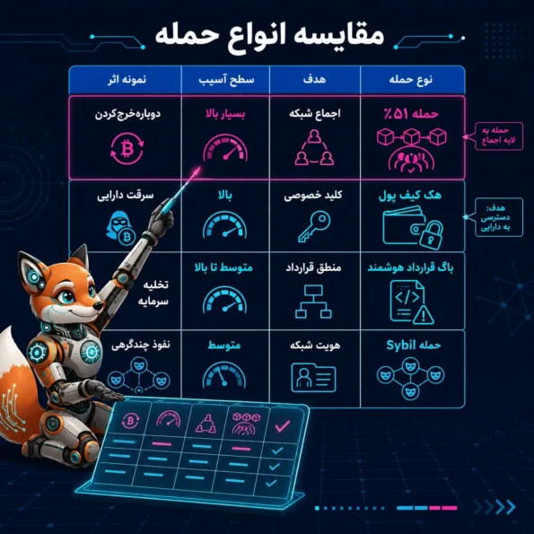 حمله 51 درصد در مقایسه با هک کیف پول، باگ قرارداد هوشمند و حمله Sybil در امنیت بلاکچین