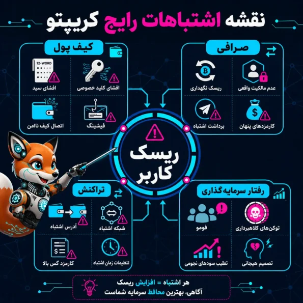 تصویر اینفوگرافیک crypto درباره اشتباهات رایج کاربران در ارزهای دیجیتال شامل مشکلات امنیت کیف پول، فیشینگ، ارسال اشتباه تراکنش و خطاهای سرمایه‌گذاری در طراحی مدرن کریپتو.