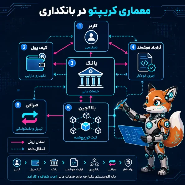 نقشه معماری: معماری کریپتو در بانکداری با اجزای کاربر، Wallet، بانک، قرارداد هوشمند، بلاکچین، صرافی و نهاد ناظر
