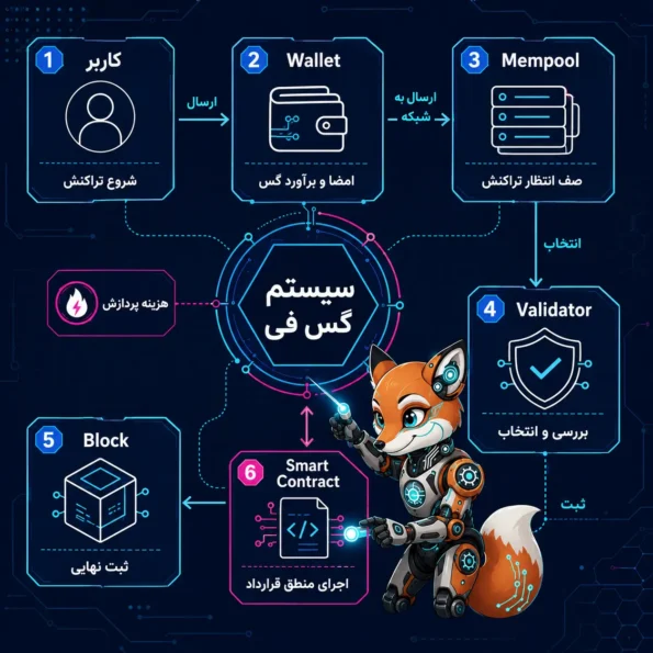 دیاگرام معماری سیستم گس فی شامل کاربر، Wallet، Mempool، Validator، Block و Smart Contract در شبکه بلاکچین
