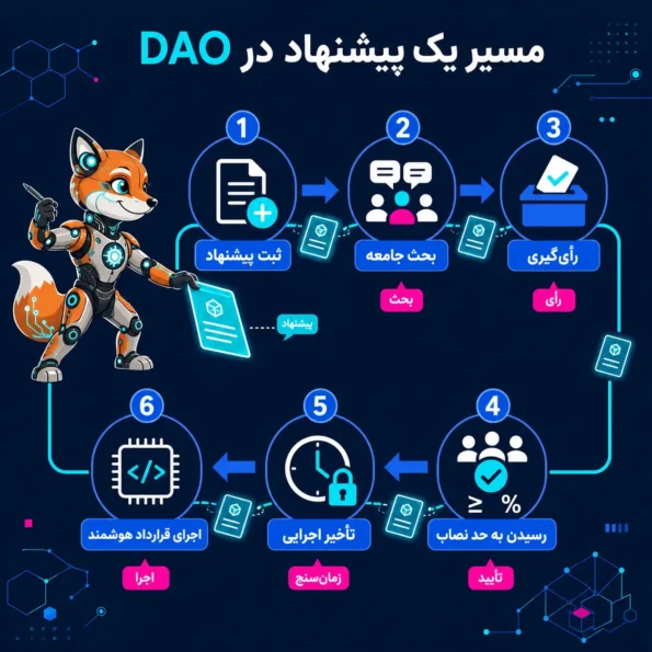 DAO چیست؛ فلوچارت مسیر یک پیشنهاد در DAO از ثبت پیشنهاد و بحث جامعه تا رأی‌گیری، حد نصاب و اجرای قرارداد هوشمند