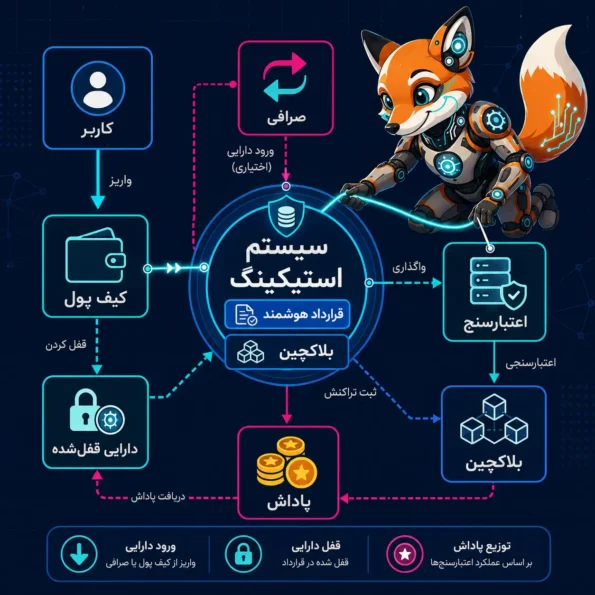 نقشه معماری استیکینگ؛ ارتباط کاربر، کیف پول، قرارداد هوشمند، اعتبارسنج، بلاکچین، صرافی و پاداش