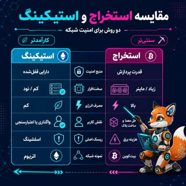 جدول مقایسه استیکینگ و استخراج؛ تفاوت منبع امنیت، سخت‌افزار، مصرف انرژی، نقش کاربر، ریسک و نمونه شبکه