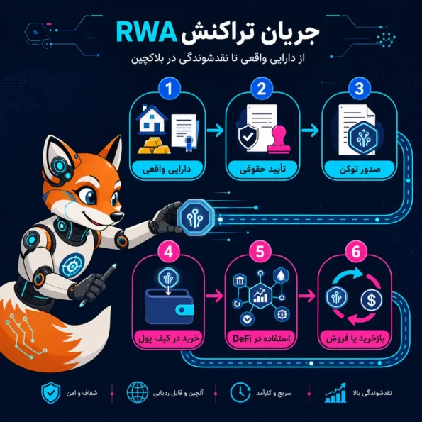 فلوچارت فرآیند RWA از دارایی واقعی و تأیید حقوقی تا صدور توکن، خرید در کیف پول، استفاده در DeFi و بازخرید یا فروش.