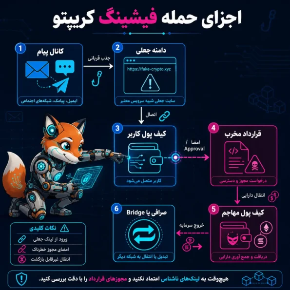 نقشه معماری اجزای حمله فیشینگ کریپتو شامل کانال پیام، دامنه جعلی، کیف پول کاربر، قرارداد مخرب، کیف پول مهاجم و صرافی یا Bridge