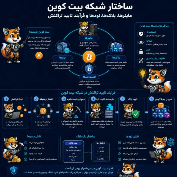 ساختار شبکه بیت کوین شامل ماینرها، بلاک‌ها، نودها و فرآیند تایید تراکنش در بلاکچین