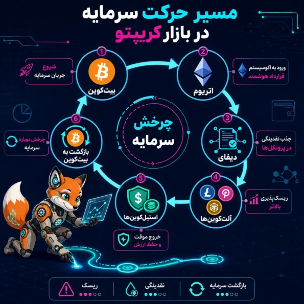 فلوچارت Crypto Market برای نمایش مسیر حرکت سرمایه از Bitcoin به Ethereum، DeFi، آلت‌کوین‌ها، استیبل‌کوین‌ها و بازگشت سرمایه